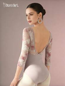 DonsGirl 女士芭蕾舞紧身衣，优雅舞蹈服，饰有3D蝴蝶和花卉网纱，七分袖 - 淺灰紫 - 查看 3