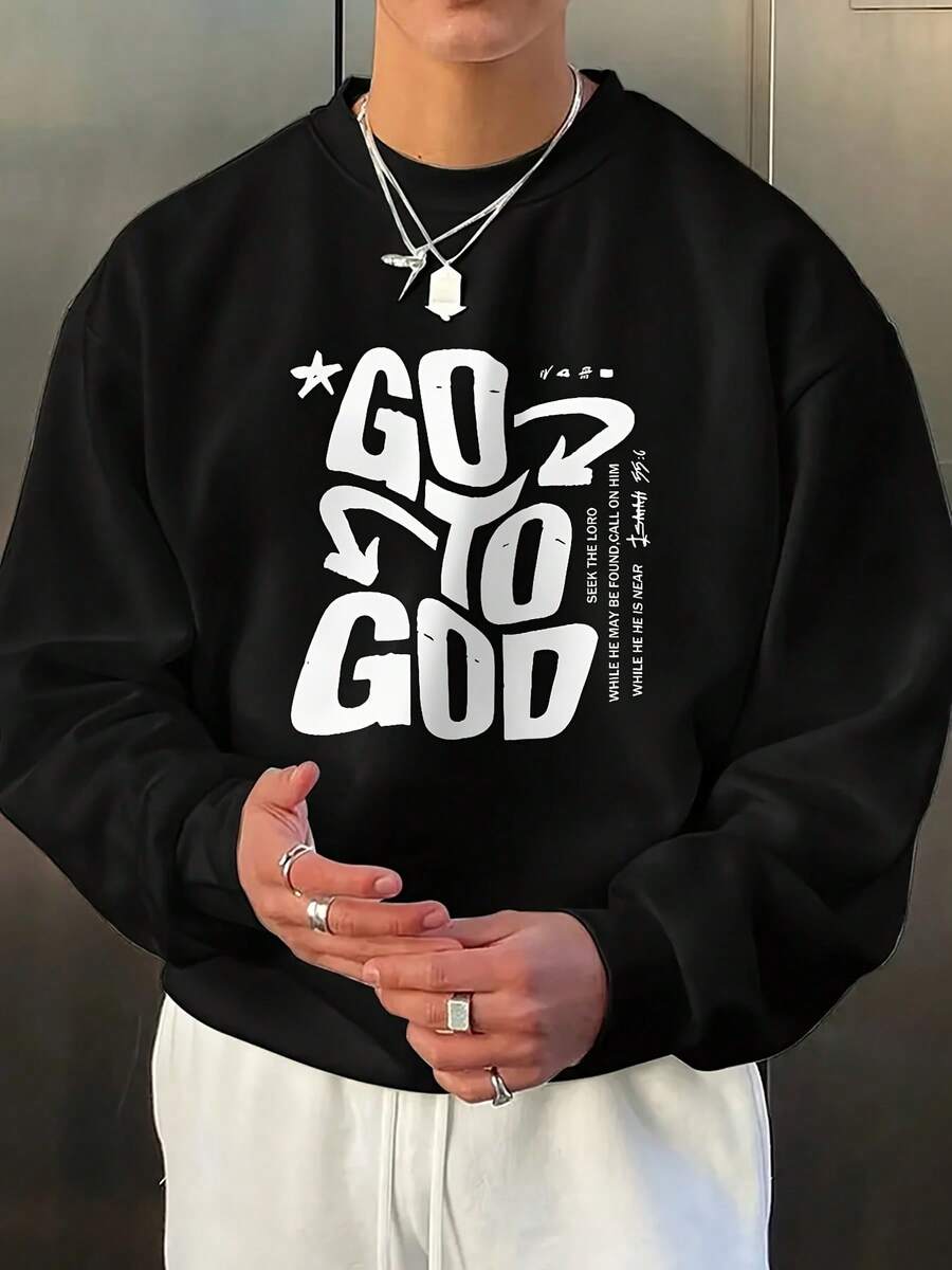 Black Crew Neck Sweatshirt With 'GO TO GOD' Bold White Text & Decorative Elements, Layered Silver Necklaces & Rings, White Pants, Metallic Background - Casual Streetwear Outfit For Men Women - 黑色 - 查看 1
