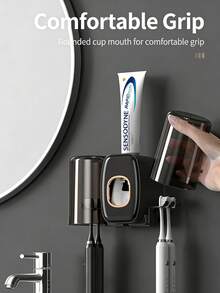 1pc Toothbrush Holder, Bathroom Storage Organizer, Automatic Toothpaste Dispenser With Brush Holder & Rinse Cup, Multi-Function Bathroom Toothbrush Holder Set, Toothbrush Holder With Cup, Wall-Mounted Shower Decor Set, Home Bathroom Decor, Autumn Decor, Back To School Supplies - Multicolor - View 4