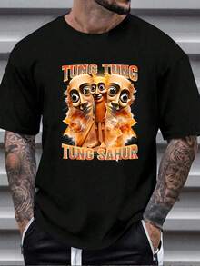 Men's Tung Tung Tung Sahur Cartoon Graphic Print Crew Neck Short Sleeve Regular Fit Casual T-Shirt - Fun  Streetwear Top - 黑色 - 查看 1
