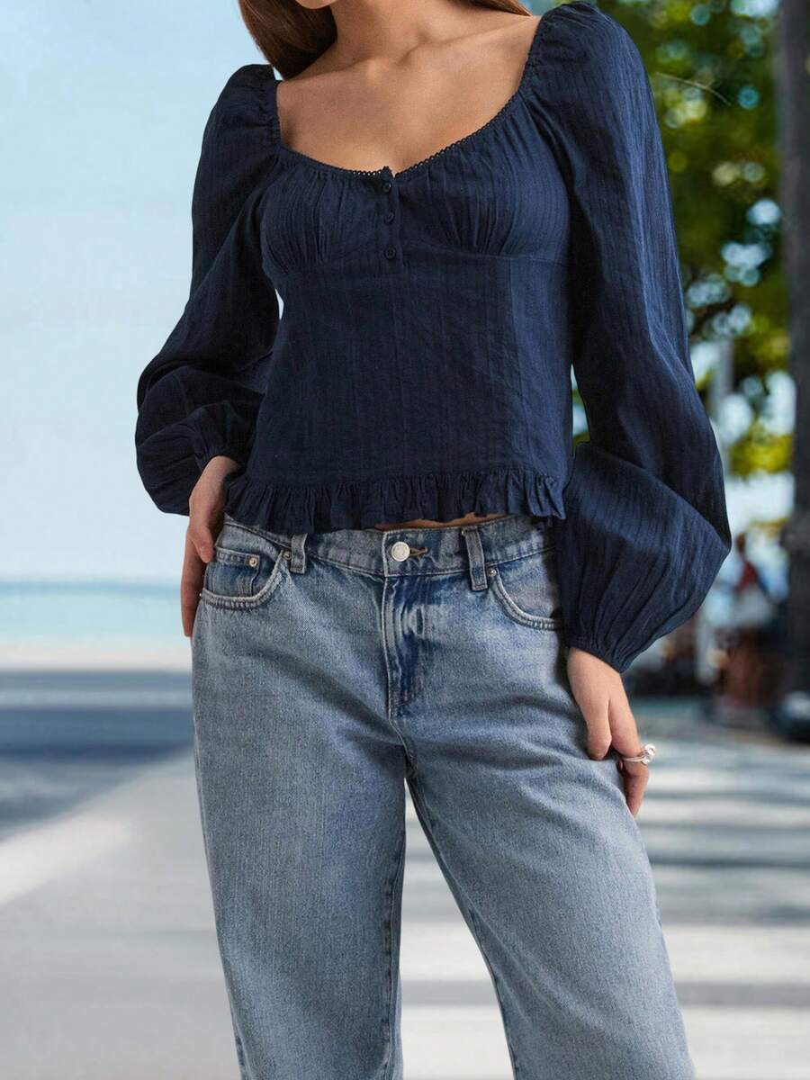 Women's Autumn Casual Tops Long Puff Sleeve Scoop Neck Solid Color Button Up T-Shirt - Blue - View 1