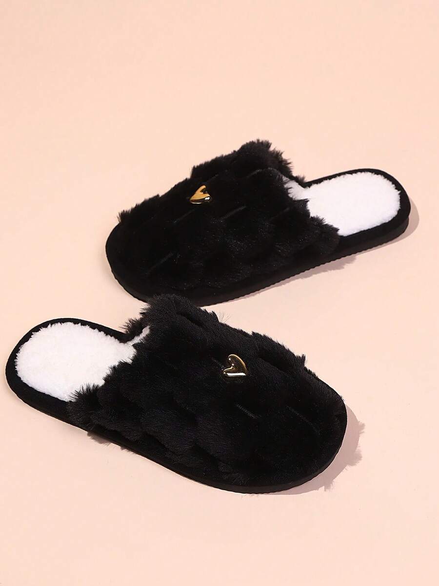 Women's Autumn/Winter Indoor Slippers, Fashionable Minimalist Heart Decor, Lightweight Soft Sole Floor Slippers, Thermal Lined & Thickened - Black - View 1