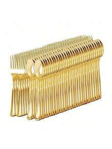 100/50/25/10/2pcs Gold Plastic Reusable Cutlery Set, Including Cake/Salad Forks, Spoons, Suitable For Home, Restaurant, Wedding, Outdoor, Birthday, Party, Holiday Gatherings, Kitchen Accessories, Valentine's Day, Back To School Party - Gold - View 5