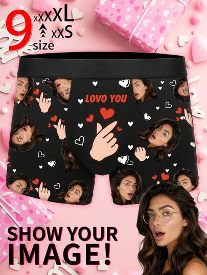 1pc Customized Men's Briefs, Heart Face & Finger Heart Print, Personalized Photo Men's Boxer Shorts, Sweet Romantic Long Men's Underwear, Gift For Couples, Anniversary, Wedding, Couple, Girlfriend, Boyfriend/Husband
