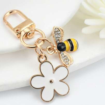 1 szt. Uroczy brelok z kryształkami górskimi i kwiatem wiśni, miniaturowy brelok z pszczołą w kształcie białego kwiatu z kreskówkową pszczołą 3D, modny dodatek na prezent dla ukochanej osoby, przyjaciela, na imprezę, na święta