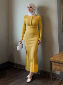 DAZY 女式修身部分拉链针织中长款毛衣裙，秋季女装 - 黃色 - 查看 1