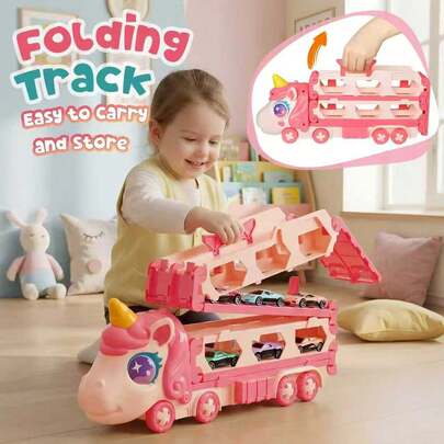 Juego de pista de carreras plegable de unicornio con camión de juguete - Lanzador dual para 2 jugadores con 2 coches de aleación al azar, pista plegable de 160 cm para niños, regalo perfecto de Año Nuevo/cumpleaños para niños y niñas de 3 años en adelante