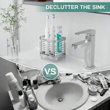 Giá đựng bàn chải đánh răng trong phòng tắm, hộp đựng bàn chải đánh răng bằng thép không gỉ, khay đựng kem đánh răng đặt trên bồn rửa, phụ kiện trang trí mặt bàn phòng tắm màu bạc. - Bạc - Xem 6