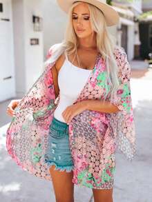 Acelitt 女士波西米亚风波点印花蝙蝠袖宽松休闲和服外套，适合夏季旅行、海滩度假