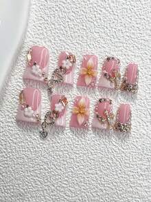 10片装梦幻美甲贴纸，亚克力美甲套装，白色五瓣花，银色水钻双心，金色十字架，不对称棕色水钻，手工四瓣棕色花朵美甲装饰，闪亮不对称水钻美甲设计，手工按压式美甲贴片 - 彩色 - 查看 2