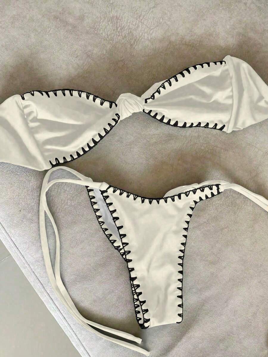 简约时尚双色比基尼，波浪边黑色三角杯泳衣，泳池派对和水疗的完美之选 - 米色 - 查看 1