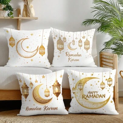 4pcs Ramadan Crescent Moon & Star Lantern Decorative Pillow Case Set, Single-Sided Peach Velvet Fabric, 45*45cm/50*50cm/40*40cm Cushion Cover Suitable For Modern Living Room Sofa Decor, Gift, Party Decoration