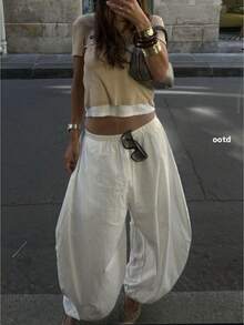 Womens Balloon Pants Y2k Elastic High Waist Pleated Long Bloomers Pants Wide Leg Harem Lantern Trousers Going Out Pants - trắng - Xem 1