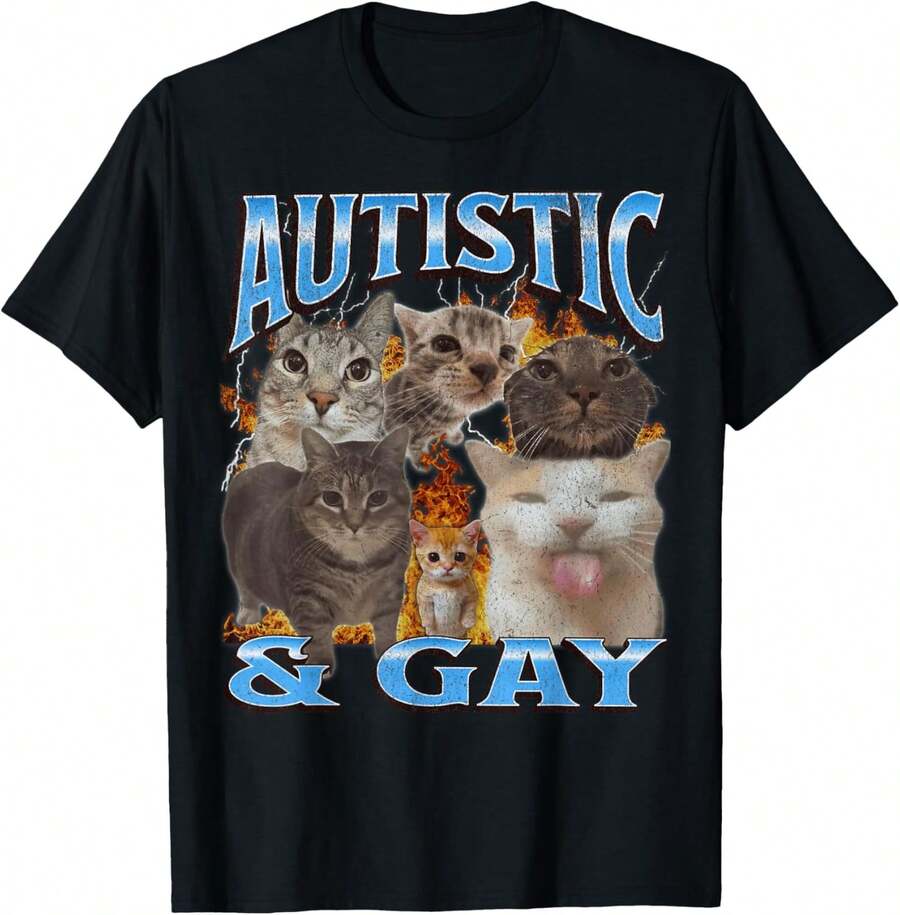 Autistic And Gay Funny Cat Meme Bootleg Graphic Men Women T-Shirt - 黑色 - 查看 1