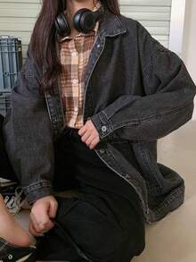 Cazadoras & abrigos mezclilla para mujer Prenda exterior 2026 Estilo coreano Oversize Versátil Casual Ropa de trabajo Top - Negro - Ver 4