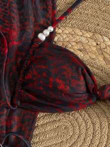 3件套女士性感印花比基尼，露背珍珠结交叉绑带泳衣搭配网纱裙，夏季度假 - 彩色 - 查看 5