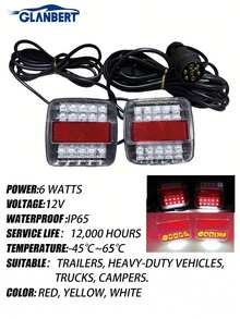 GLANBERT 1套拖车尾灯套件,7线束套件,带卡车侧灯条,红/黄/白透镜带反光片,12V高亮度拖车尾灯,转向信号警示灯,适用于拖车、卡车、房车 - 1拖2 - 查看 12