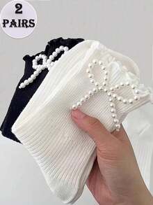 1/2 Pairs Ladies Faux Pearl Decor Bow Ruffle Mid-Calf Socks (Random Assorted), Fall - Black and White - View 5