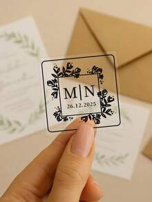 8/20/40pcs Custom Clear Plastic Stickers With Black Print,Square Wedding Transparent Stickers,Adhesive Labels With Love By Your Name, Personalized Stickers With Text Logo - Multicolor - View 3