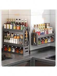 3-Tier Wall-Mounted Spice Rack, Punch-Free Space Aluminum Storage Rack, Space-Saving Kitchen Storage Rack, Suitable For Spices, Bottles And Cans, Sturdy Multi-Layer Design, Suitable For Kitchens And Restaurants - 黑色 - 查看 5