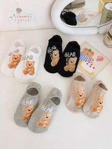 4 Pairs Women's Cute Cartoon Bear Design Casual Ankle Socks, Non-Slip, Suitable For Daily Wear, Summer - Multicolor - View 2