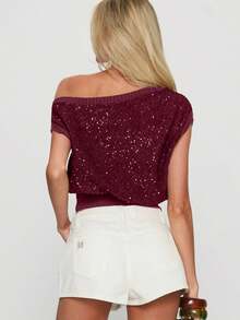 Women's Y2k One Shoulder Sparkly Sequin Tops Solid Color Asymmetrical Neck Ruched Glitter T-Shirts Blouse Rave Party Outfits For Causal Daily - Burdeos - Ver 2