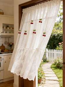 1片浪漫心形蕾丝薄纱窗帘，可拆卸樱桃装饰，杆袋式顶部悬挂式，适用于客厅、阳台、飘窗、餐厅隔断、玄关、室内外使用。 - 白色 - 查看 3