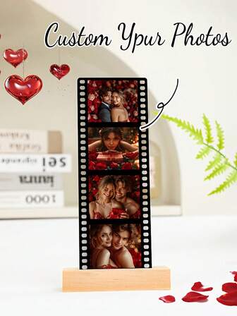 1pc Acrylic 2D Personalized Photo Display Stand, Customizable Photo As Gift For Family, Home Decor, Classic Film Design With Wooden Base, Suitable For Desk Or Nightstand