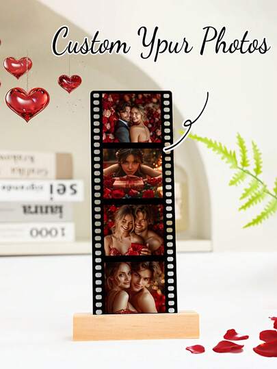 1pc Acrylic 2D Personalized Photo Display Stand, Customizable Photo As Gift For Family, Home Decor, Classic Film Design With Wooden Base, Suitable For Desk Or Nightstand