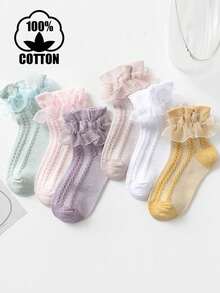 6 pares de calcetines de media caña de algodón de doble capa con unicolor y malla, con adorno de encaje para niños - Multicolor - Ver 6