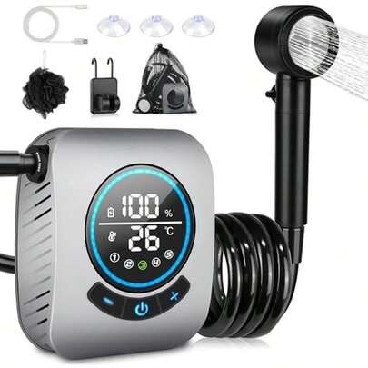 Regadera Portatil Recargable, [8000mAh], IPX8 Impermeable, 5 Velocidades Ajustables Ducha Portatil, 4 Modos de Pulverización, Pantalla LED, Regadera Camping para Viajes, Mascotas