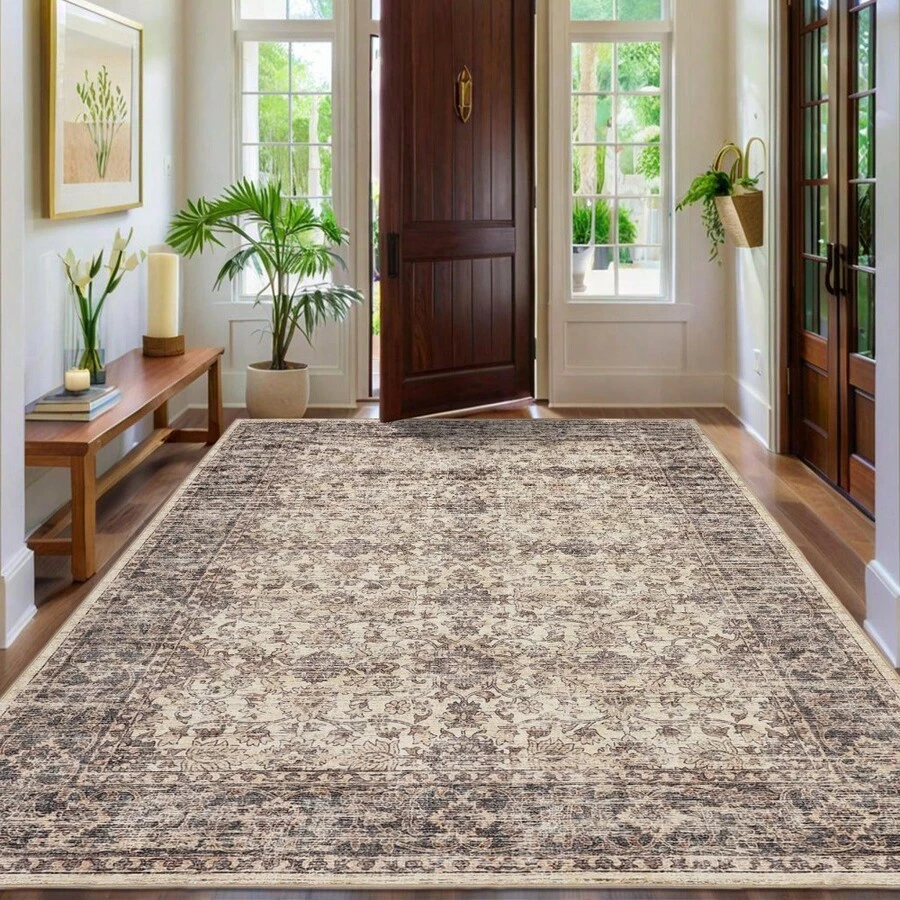 Alfombra de área vintage estilo bohemio, alfombra pasillo lavable, alfombra suave de pelo bajo en tonos pastel para sala de estar, dormitorio, guardería, estilo rústico - Beis - Ver 1