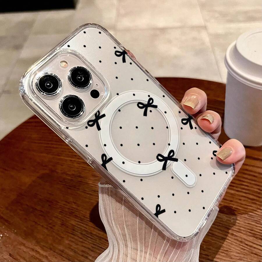 ¡Consigue una nueva funda para tu teléfono! Una funda dura y duradera con un diseño simple de puntos de lazo en blanco y negro, mejorada para resistencia a los golpes y equipada con un anillo magnético que permite la carga inalámbrica, compatible con varios modelos de , incluyendo 17, 16, 15, 14, 13, 12, 23. ¡Consigue una nueva funda para tu teléfono! - 1 pieza - Ver 1