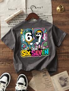 Camiseta de cuello redondo de manga corta con estampado informal para niños preadolescentes, top de verano - Gris Oscuro - Ver 4