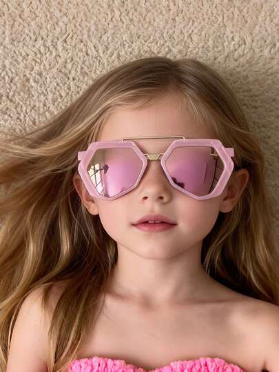 1副超轻儿童眼镜，男女童佩戴舒适，时尚百搭，适合拍照、聚会、骑行、旅行、运动，多边形镜框，时尚双梁金属眼镜