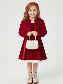 女童新年元素毛绒开衫长袖外套及毛绒吊带裙时尚套装，秋冬款 - 酒紅色 - 查看 9