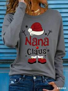 Women's Holiday Christmas T-Shirt, Long Sleeve Round Neck, 100% Polyester, Knitted Fabric, Regular Length, Patch Detail, Casual Style, Autumn Pattern Top 2025 - 灰色 - 查看 1