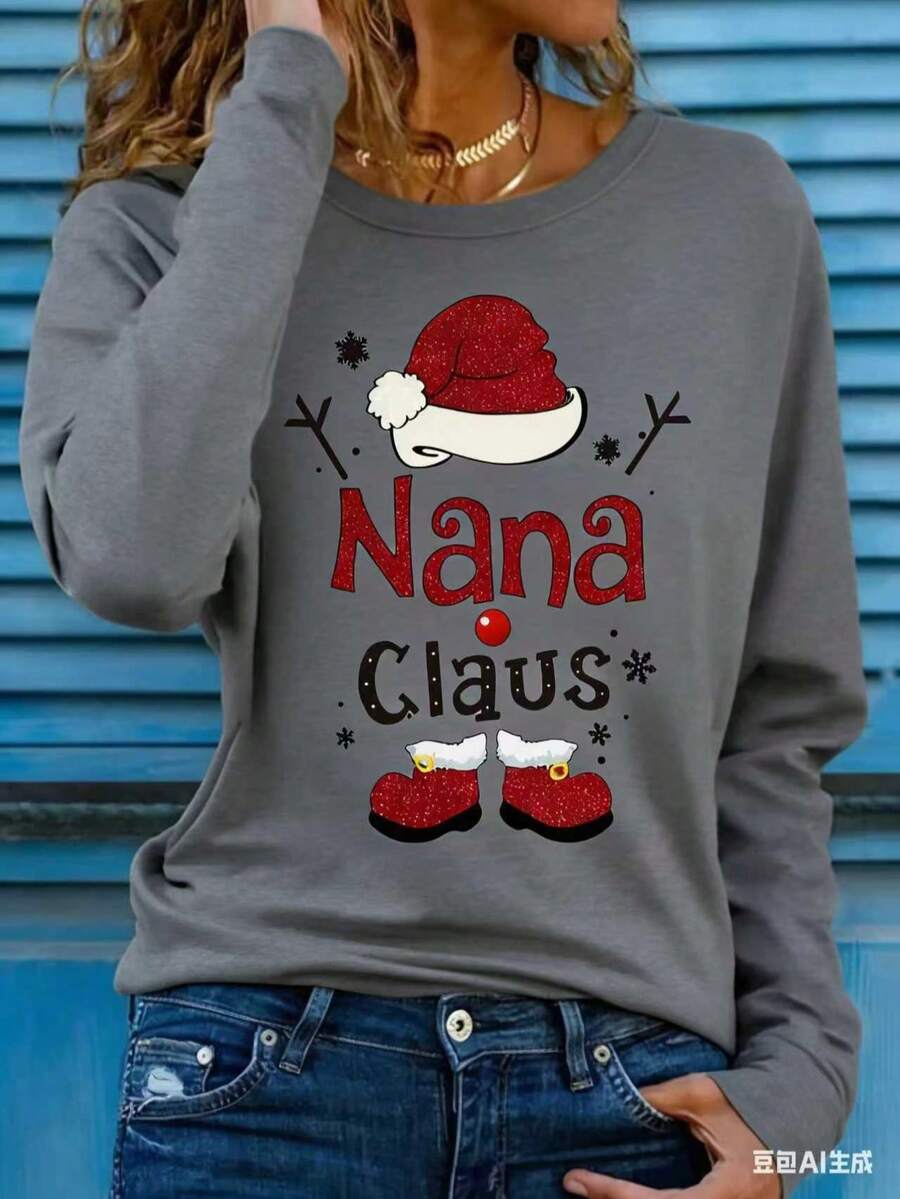 Women's Holiday Christmas T-Shirt, Long Sleeve Round Neck, 100% Polyester, Knitted Fabric, Regular Length, Patch Detail, Casual Style, Autumn Pattern Top 2025 - 灰色 - 查看 1