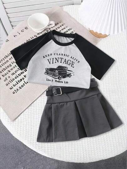 Girls Casual Daily Fashion Round Neck Raglan Sleeve Loose Letter Print Contrast Color T-Shirt And Elastic Waist Solid Color Pleated Skirt Summer Set