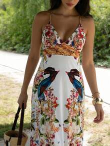 Vestido halter sin espalda con estampado tropical, adecuado para vacaciones en la playa - Blanco - Ver 3