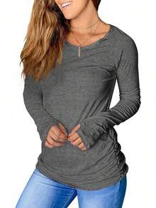 Women's Thumb Hole T-Shirt Long Sleeve Crew Neck Plain Shirts Casual Ruched Tee Tops - 灰色 - 查看 4