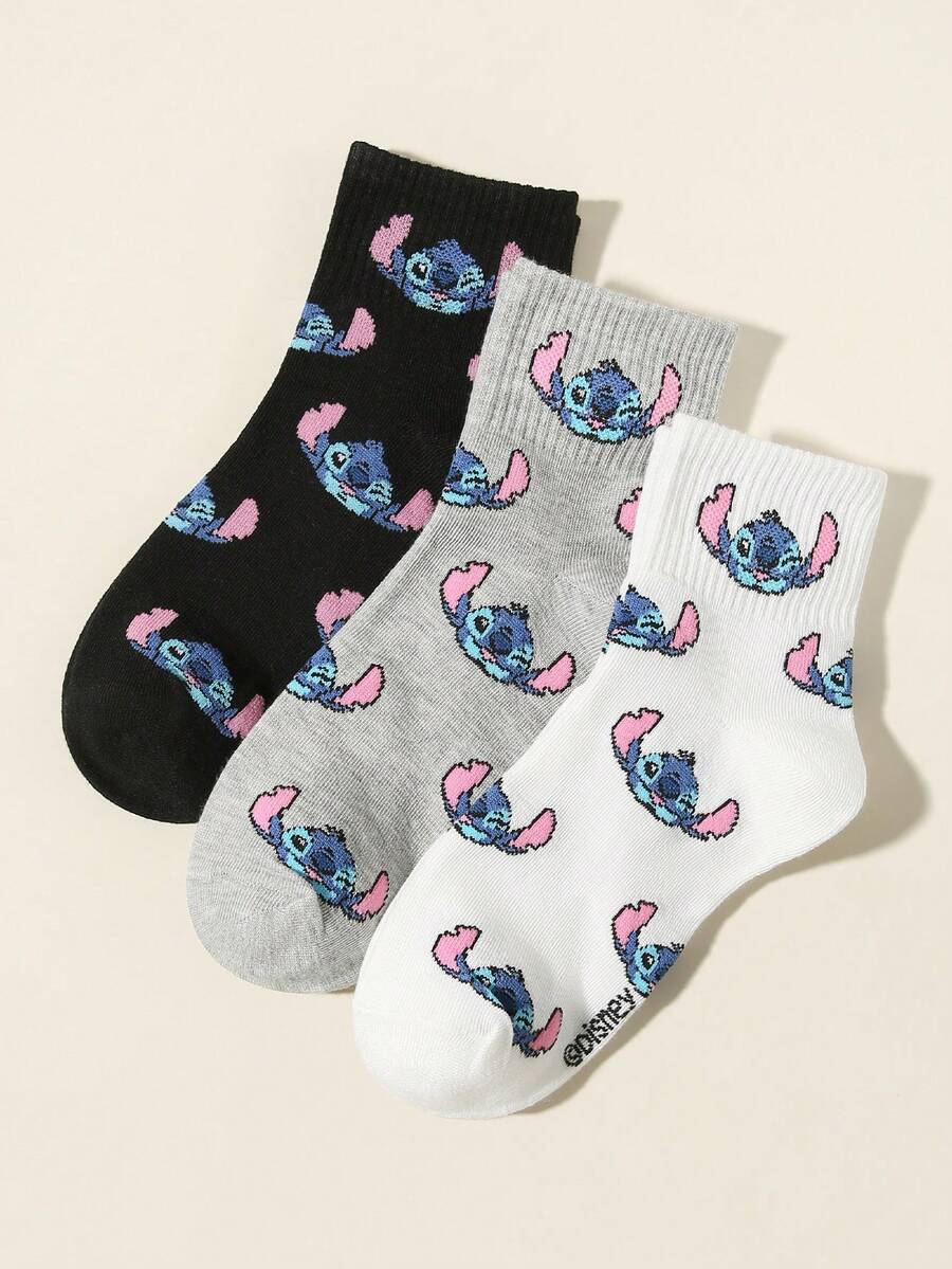 Disney 1/3双装春夏男女情侣短袜，经典黑/白/灰卡通缝线图案设计，柔软舒适，透气吸湿，适合日常穿着、生日派对、户外运动、校园活动、节日聚会等场合。 - 彩色 - 查看 1