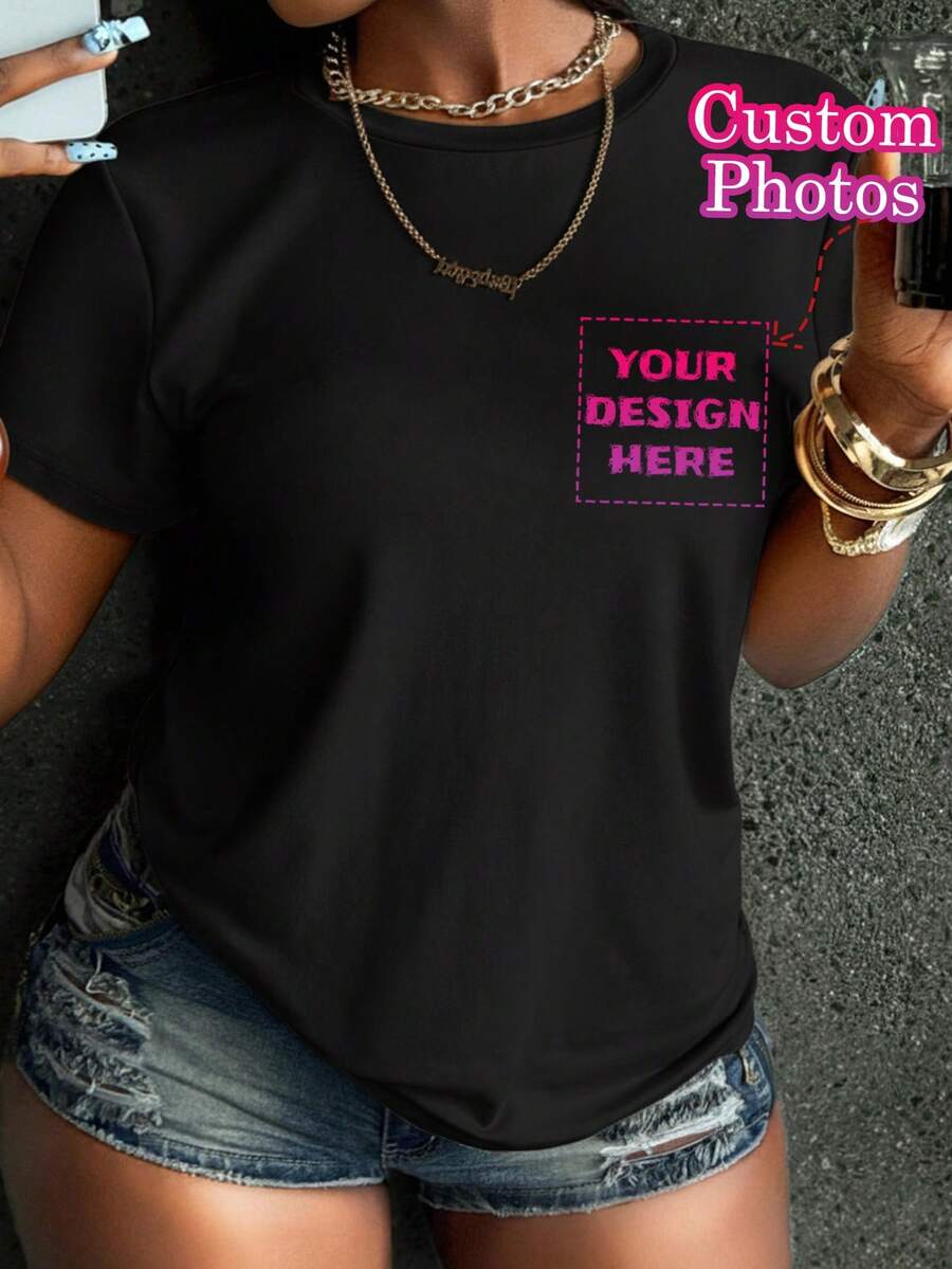 Custom Plus Size Women's T-Shirts - Add Your Photos (Landscapes, Logos, Couple Photos, Family Photos, Selfies, Pet Photos, Etc.) To Design Your Own Personalized Printed T-Shirt. Perfect As A Gift For Your Girlfriend, Or As Matching Couple's Outfits, Suitable For Anniversaries, Valentine's Day Black Summer - Black - View 1