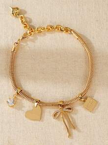 1pc European & American Fashion Gold Snake Bone Chain Bracelet With Cubic Zirconia Beaded Pendant, Suitable For Women's Daily Wear, Dates, Parties, Holiday Gifts - Yellow Gold - View 6