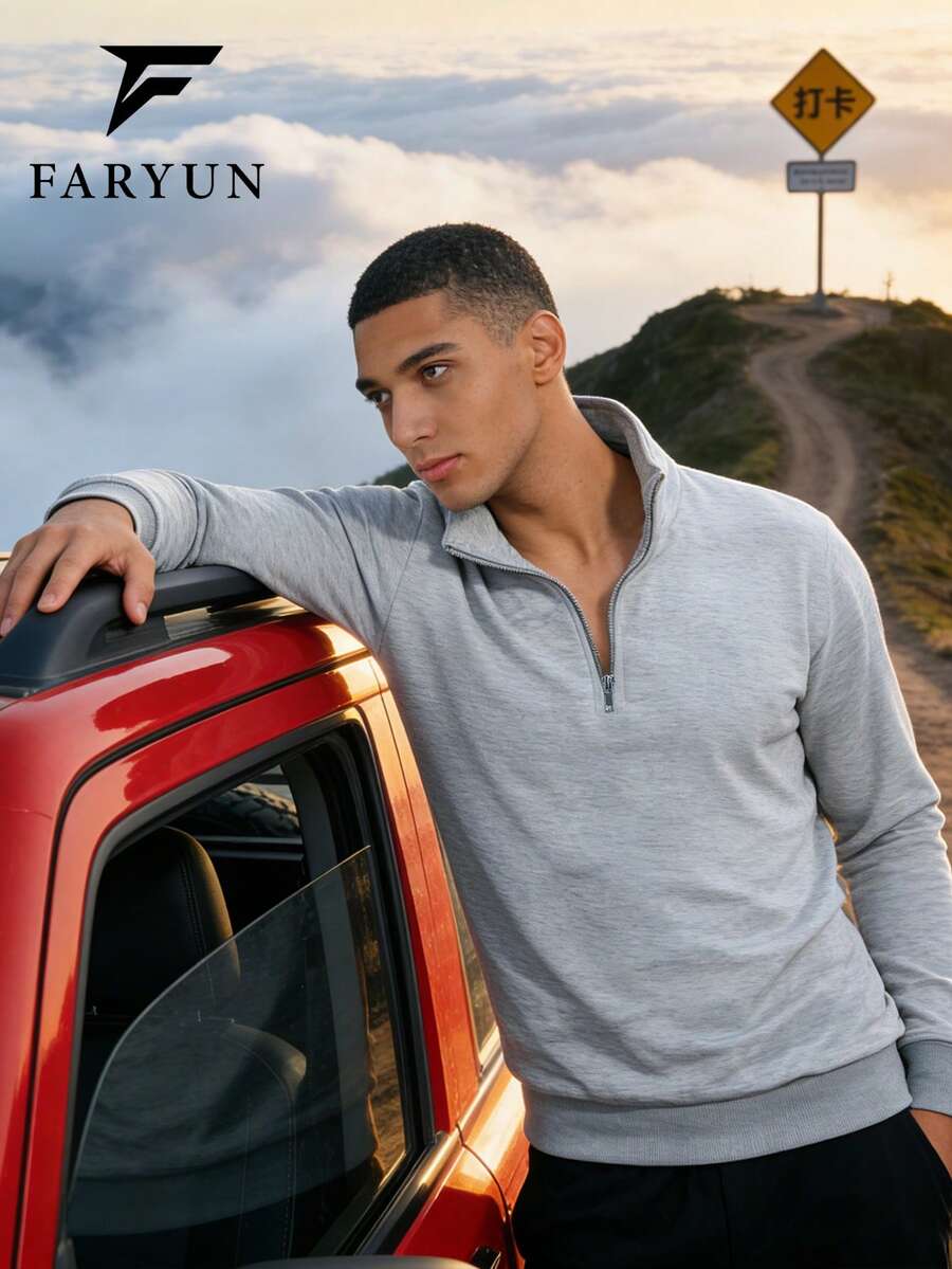 Men's Outdoor Casual Stand Collar Half Zip Long Sleeve T-Shirt, Solid Color Minimalist Design, Comfortable Breathable Outdoor, Camping, Sports, Versatile T-Shirt