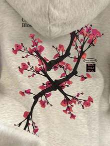 Hoodies Women Women'S Plum Blossom Print Hooded Sweatshirt - Japanese-Inspired Cherry Blossom Design, Soft Fleece Pullover With Kangaroo Pocket, All-Season Casual & Sporty Outerwear, Ladies Sweatshirts, Sporty Style, Comfortable Fit, Long Sleeve Top Valentine Outfits Women SSIY - 淺灰色 - 查看 4