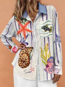 海星光2025波西米亚假日春夏女装超大时尚休闲舒适度假梦幻海洋独特印花纽扣口袋衬衫