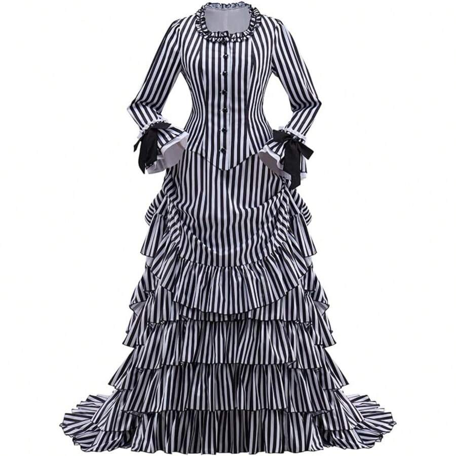 Gothic Victorian Bustle Dress Vintage Black And White Stripes Medieval Ball Gown Renaissance Costume For Women - 黑與白 - 查看 1