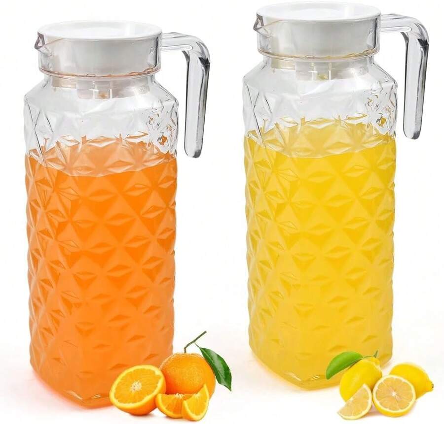 2er-Pack Wasserkrüge (1,1 Liter), Kunststoff-Wasserkrug mit Deckel, transparenter Wasserkrug, Kunststoff-Eistee-Krug mit Griff, Getränkekaraffe aus Kunststoff für den Kühlschrank, für heißes und kaltes Wasser - Transparent - Übersicht 1