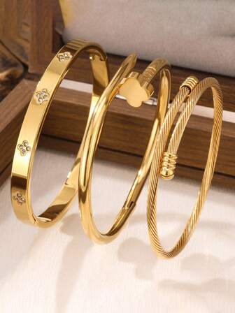 Juego de 3 piezas/1 pieza de pulsera de acero inoxidable chapada en oro de 18K con trébol de cuatro hojas, adecuada para fiestas, uso diario, estilo europeo y americano, personalizada, generosa, pulsera de lujo con circonita cúbica, conjunto de joyería para bodas